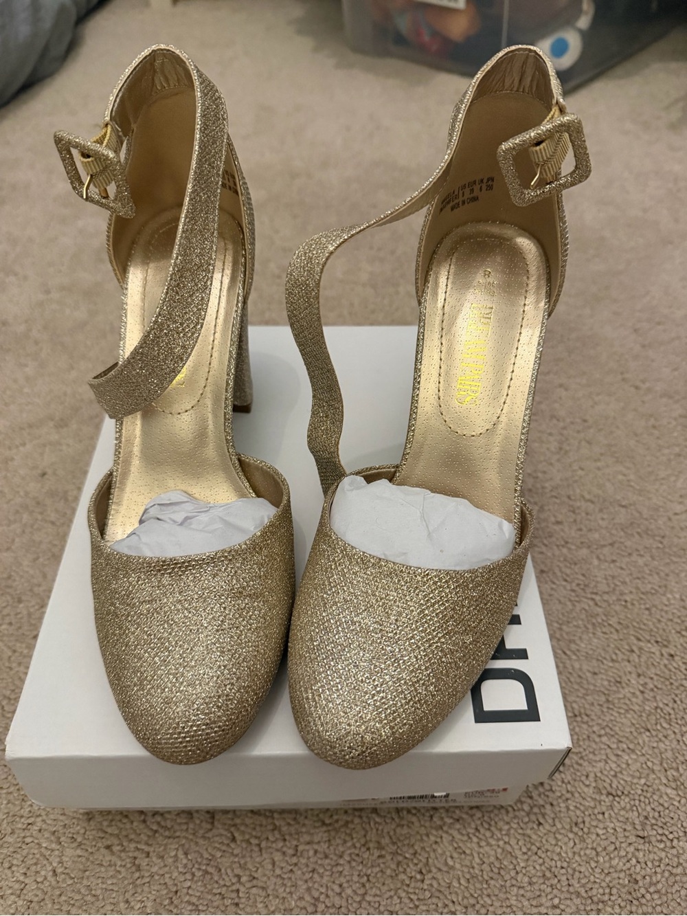 Dream Pairs Gold Glitter Ankle-Strap Block Heels
